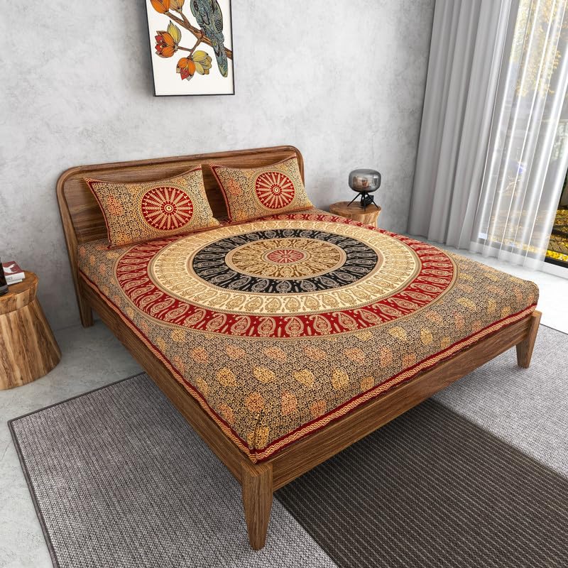 Furnofy 100% Cotton Traditional Jaipuri Print King Size Bedsheet (90x108 Inches) with 2 Matching Pillow Covers - Flat, Maroon - Image 2