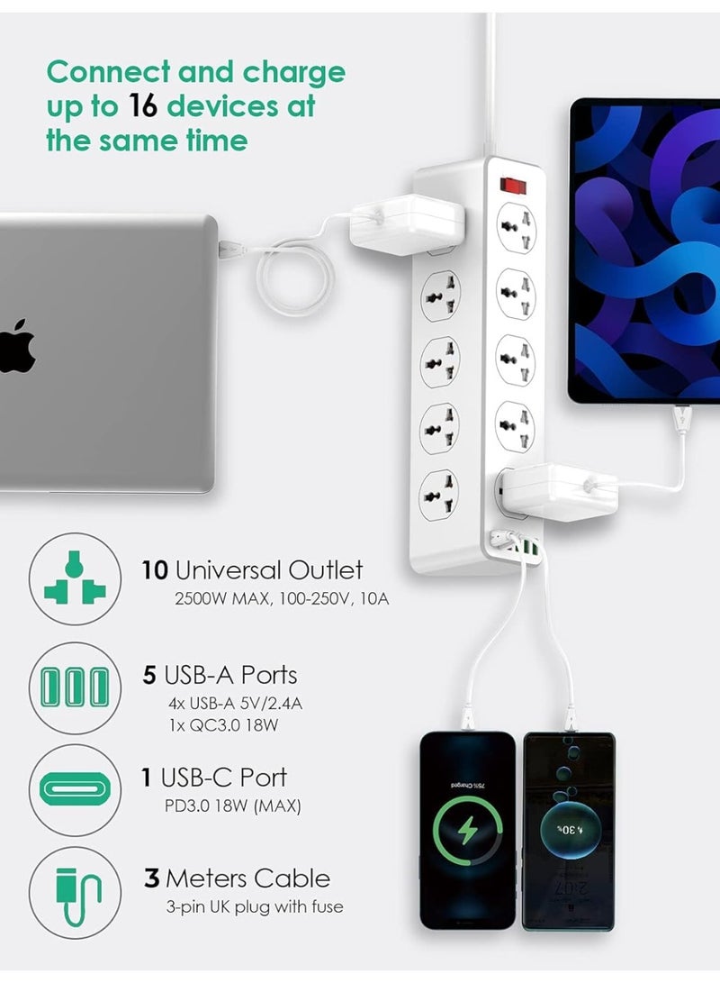 Relex 10 Way Power Extension Cord Surge Protector Strip Heavy Duty Universal Electrical Socket 5x USB-A 1x USB-C PD 30W Total 3M Cable 3M)  - Image 2