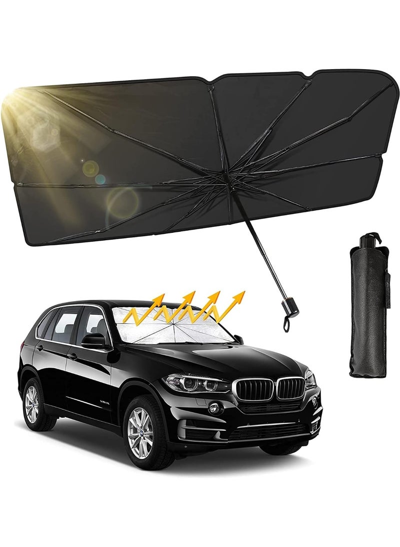 Foldable Car Windshield Sun Shade Umbrella with Rotatable Handle, UV Protection & Heat Blocker, Automotive Sunshade with Storage Pouch to Keep Vehicle Cooler - Image 1