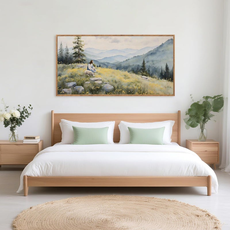 Aurlan Christian Jesus with Lost Sheep Wall Art(40"x20"), Boho Religious Lamb The Good Shepherd Psalm 23 Canvas Artwork, Large Abstcat Watercolor Vintage Nature Landscape Bible Story Decor for Home Dining Room Christ Gift - Image 5