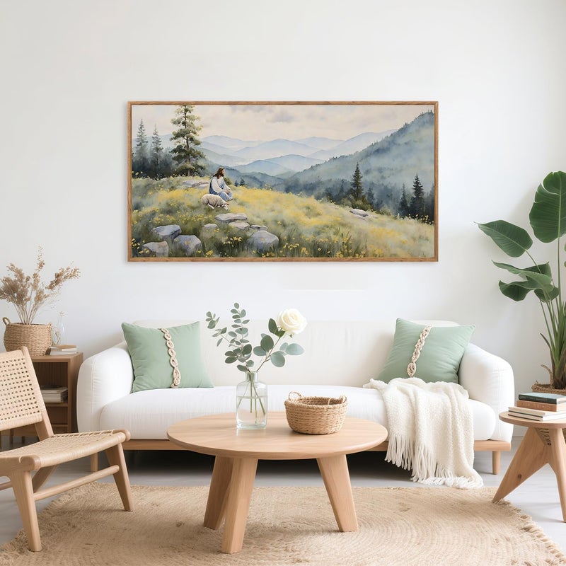 Aurlan Christian Jesus with Lost Sheep Wall Art(40"x20"), Boho Religious Lamb The Good Shepherd Psalm 23 Canvas Artwork, Large Abstcat Watercolor Vintage Nature Landscape Bible Story Decor for Home Dining Room Christ Gift - Image 4