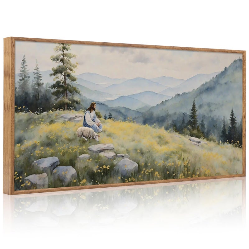Aurlan Christian Jesus with Lost Sheep Wall Art(40"x20"), Boho Religious Lamb The Good Shepherd Psalm 23 Canvas Artwork, Large Abstcat Watercolor Vintage Nature Landscape Bible Story Decor for Home Dining Room Christ Gift - Image 1