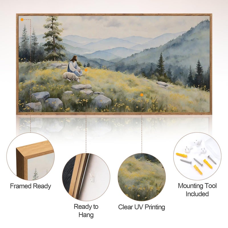 Aurlan Christian Jesus with Lost Sheep Wall Art(40"x20"), Boho Religious Lamb The Good Shepherd Psalm 23 Canvas Artwork, Large Abstcat Watercolor Vintage Nature Landscape Bible Story Decor for Home Dining Room Christ Gift - Image 2