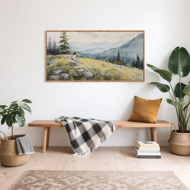 Aurlan Christian Jesus with Lost Sheep Wall Art(40"x20"), Boho Religious Lamb The Good Shepherd Psalm 23 Canvas Artwork, Large Abstcat Watercolor Vintage Nature Landscape Bible Story Decor for Home Dining Room Christ Gift - Image 3