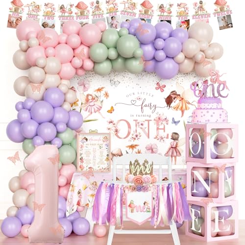 Fiesec Fairy First Birthday Decorations Flower Themed 1st Birthday Party Decorations for Girl Our Little Fairy is Turning One Backdrop Banner Tablecloth for Floral Forest Garden One Year Old Girl - Image 1