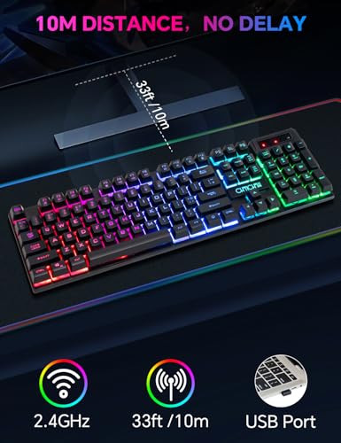 CHONCHOW Wireless Gaming Keyboard, Rechargeable 104 Key Rainbow LED Light Up Keyboard for PC PS4 PS5 Xbox One Laptop, Teclado inalmbrico, Black (Wireless) - Image 3