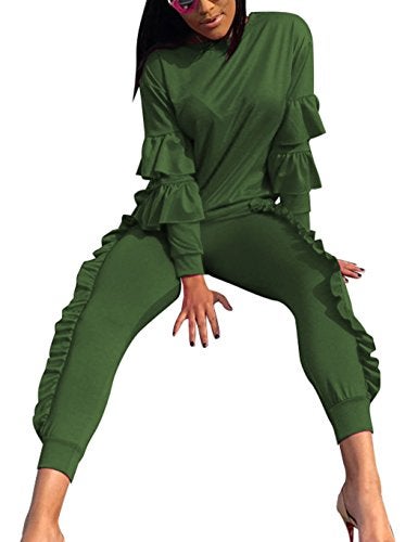 Kansoon Women 2 Pieces Outfits Lantern Sleeve Top and Long Flounced Pants Sweatsuits Set Tracksuits Green Large - Image 2