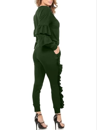 Kansoon Women 2 Pieces Outfits Lantern Sleeve Top and Long Flounced Pants Sweatsuits Set Tracksuits Green Large - Image 4
