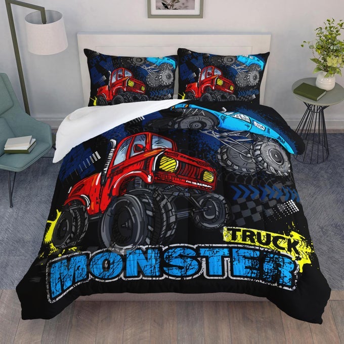 TRUCK COMFORTER SET FOR KIDS TEENS BOYSCARS KIDS BEDDING1 COMFORTER WITH 2 PILLOWCASE MICROFIBER 3 PIECE BEDDING SETSOFT AND LIGHTWEIGHTBLACKTWIN SIZE