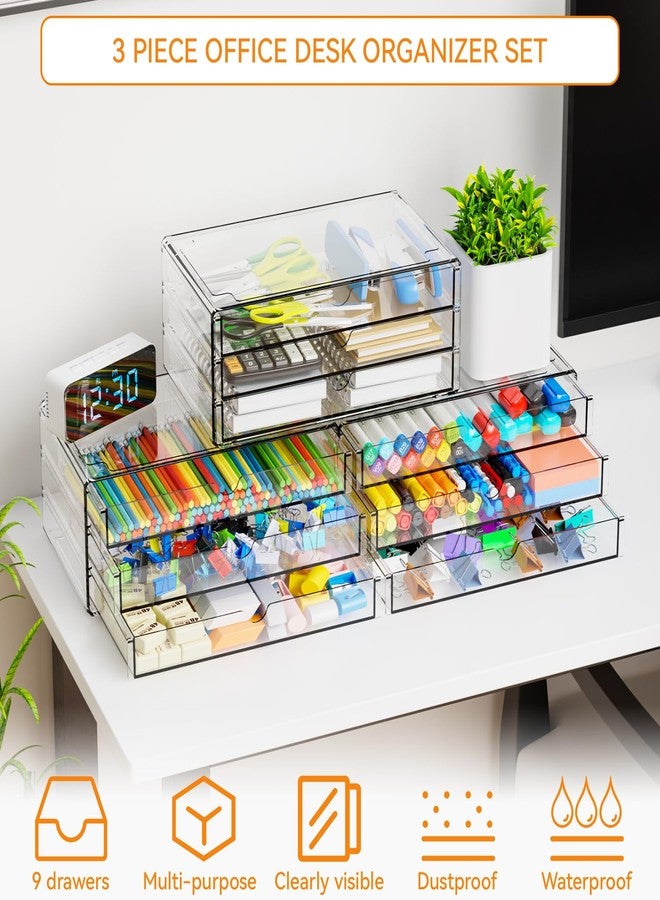 Yieach 11.1 Inch Long Clear Drawer Organizers Stackable,3 Pack Small Acrylic Drawers,School,Office Supplies Organizer And Storage Bins for Stationery,Marker,Pen,Pencil,Craft Desktop Storage Drawers - Image 2