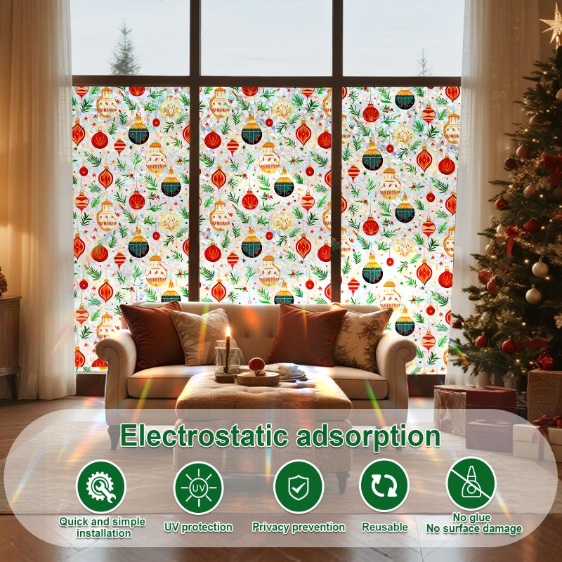 SOMWISE Christmas Vacation Decorations Holiday Decorative Snowflake Window Clings Sticker Privacy Film Glass for Bathroom Kitchen Cabinet Door Decor Rainbow Renter Friendly,17.5 * 78.5,Christmas Tree - Image 2