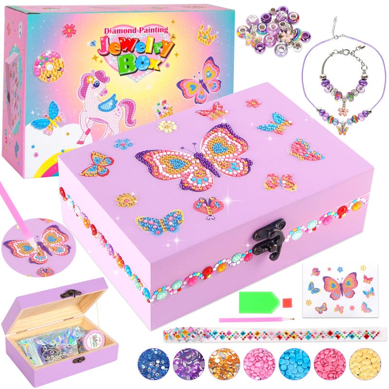 PinkSheep Arts and Crafts for Girls 6-12,Butterfly Jewelry Box for Girls,DIY Treasure Keepsake Box with Necklace & Bracelet Make It Set Gift - Image 1