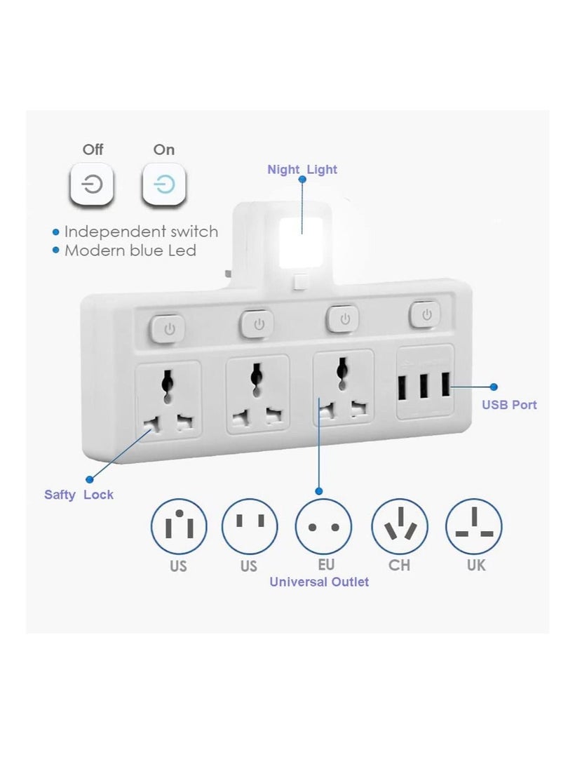 TYCOM Power Adapter Multi Plug Extension with 3 USB Night Light, Extender Wall Charger Socket Multiple Electrical Outlet Adaptor, Charging Station for Home, Office -3 Way 3 USB Night Light  - Image 4