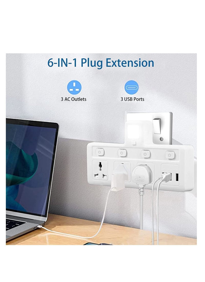 TYCOM Power Adapter Multi Plug Extension with 3 USB Night Light, Extender Wall Charger Socket Multiple Electrical Outlet Adaptor, Charging Station for Home, Office -3 Way 3 USB Night Light  - Image 5