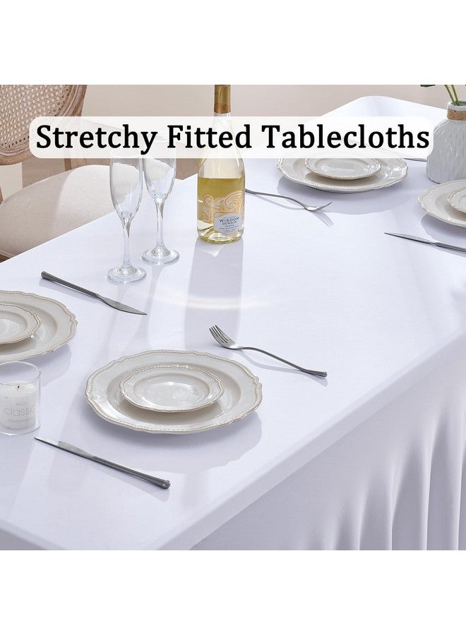 Htper 2 Pack White Spandex Table Clothes for 6 Foot Rectangle Tables, Wrinkle Free Fitted Table Cover 6ft Stretch Tablecloths Desk Skirt for Parties Weddings Birthday Banquet Baby Shower - Image 1