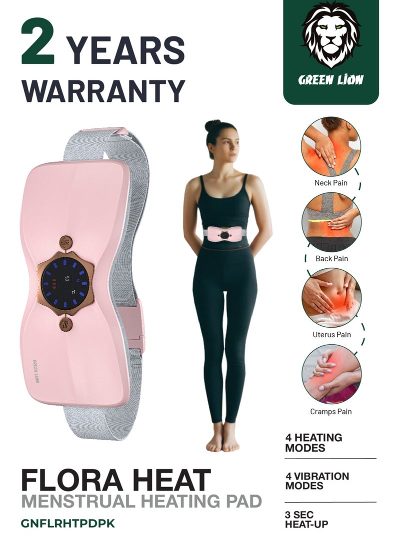 GREEN LION Flora Heat Menstrual Heating Pad / Heating Massager for Period Cramps & Pain / Fast Heat Up in 3-Seconds with 4 Heating and Vibration Modes / Portable Heating Belt for Menstrual Colic Relief - Pink  - Image 1