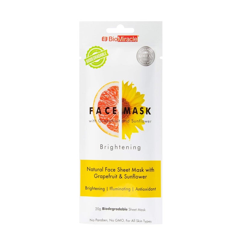 BioMiracle BioMiracle Natural Face Mask Sheet with Grapefruit and Sunflowers, Pack of 5, with Natural Antioxidants, for Illuminated Skin 