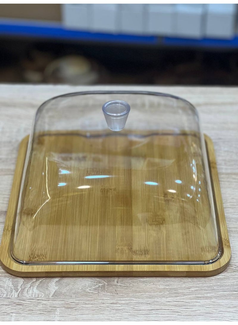 استاند تورته مربع   بغطاء اكراليك  ومقبض اكريلكً بقاعدة خشب بامبو طبيعي  سومك 2 سم قاعده متينه للعمر الطويل  حاجة تشرف سهلة  التنظيف الصور كلها علي الطبيعة ❤️ مستورده مقاس مربع 31 * 31 - Image 4