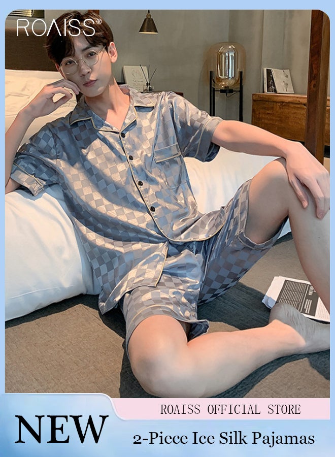 roaiss 2 Piece Set Of Ice Silk Satin Plaid Printed Pajamas For Men Daily Wear Lapel Button Open Shirt And Elastic Waist Shorts Set Home Wear - Image 1