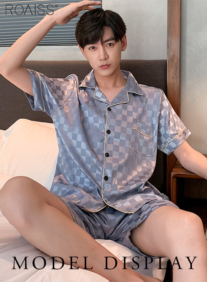 roaiss 2 Piece Set Of Ice Silk Satin Plaid Printed Pajamas For Men Daily Wear Lapel Button Open Shirt And Elastic Waist Shorts Set Home Wear - Image 4