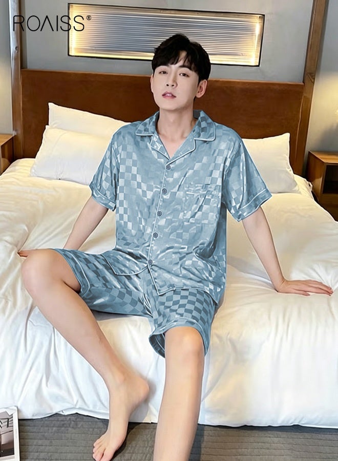 roaiss 2 Piece Summer Pajamas Outfit for Men, Soft Checked Loungewear Set with Button Down Notch Collar Top and Elastic Waist Shorts, Perfect for Sleeping or Lounging Around Your House - Image 4
