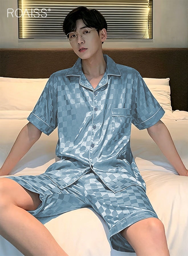 roaiss 2 Piece Summer Pajamas Outfit for Men, Soft Checked Loungewear Set with Button Down Notch Collar Top and Elastic Waist Shorts, Perfect for Sleeping or Lounging Around Your House - Image 5