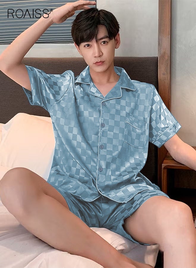 roaiss 2 Piece Summer Pajamas Outfit for Men, Soft Checked Loungewear Set with Button Down Notch Collar Top and Elastic Waist Shorts, Perfect for Sleeping or Lounging Around Your House - Image 1