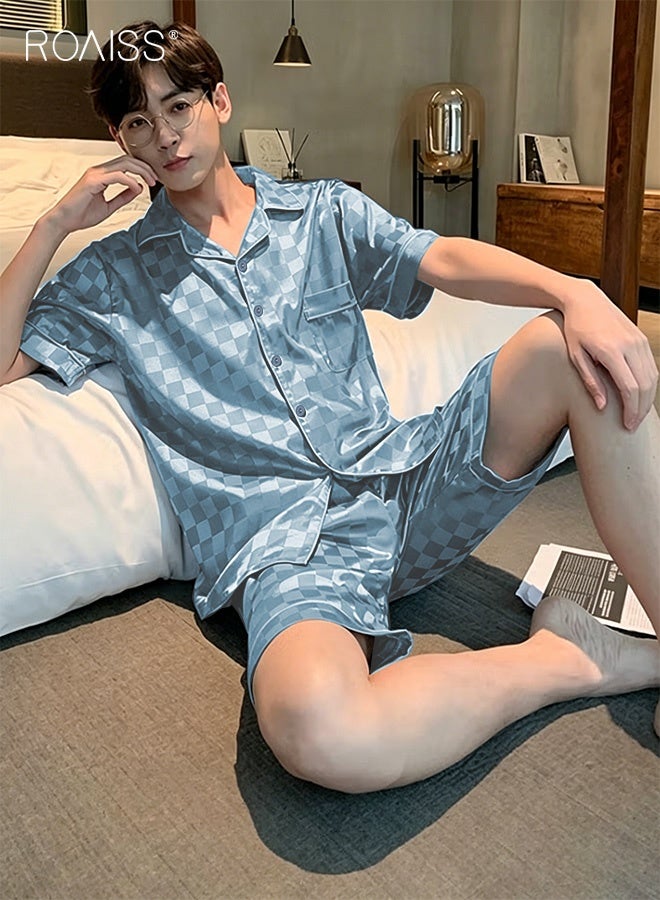 roaiss 2 Piece Summer Pajamas Outfit for Men, Soft Checked Loungewear Set with Button Down Notch Collar Top and Elastic Waist Shorts, Perfect for Sleeping or Lounging Around Your House - Image 2