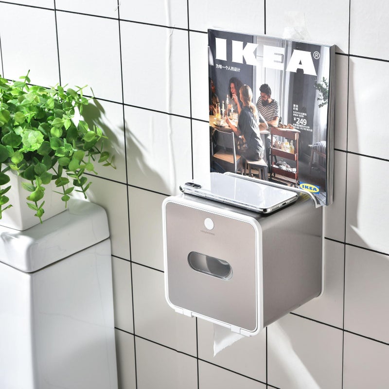 simpletome Toilet Paper Holder Wall Mount with Shelf Waterproof Adhesive or Drilling Install (Silvery  SUS304+ABS Plastic) - Image 2