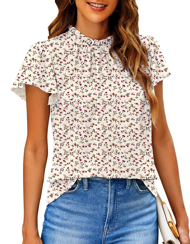 SimpleFun Floral Print Tops for Women Short Sleeve Boho Blouse Ruffle Neck Summer Top for Work White L - Image 1