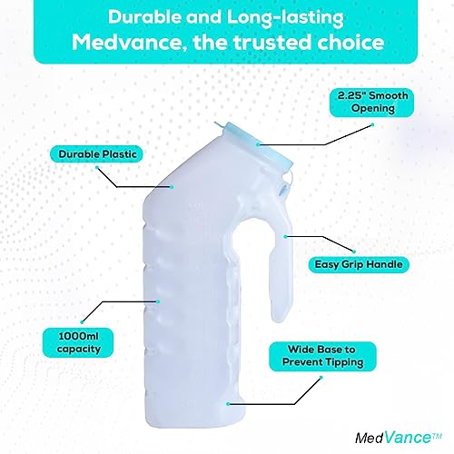 MedVance 1000ml Portable Urinals for Men, 2 Pack – Spill Proof Men's Urinal Bottle w/Glow in Dark & Leak-Proof Lid – Easy-Grip Durable Pee Bottles for Men - Versatile Male Pee Bottle for Elderly Care - Image 3