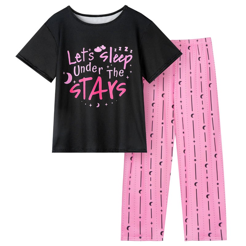 FIOBEE Girls Pajamas Sets 2PCS Summer Pajama Sleepwear Kids Pjs Clothes Short Sleeve for Teen Girl Size 3-14, Black/Pink - Image 1