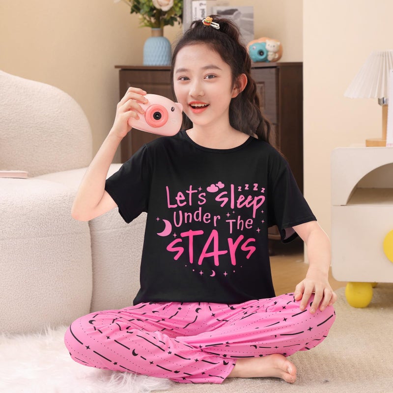 FIOBEE Girls Pajamas Sets 2PCS Summer Pajama Sleepwear Kids Pjs Clothes Short Sleeve for Teen Girl Size 3-14, Black/Pink - Image 3