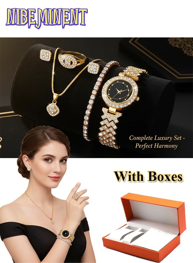 NIBEMINENT مجموعة ساعات يد أنيقة للنساء مكونة من 6 قطع مع علبة سبائك دائرية بسيطة، لمسات من الأحجار الكريمة، عرض المؤشر، حركة كوارتز إلكترونية - تشمل ملحقات أزياء متطابقة - Image 1