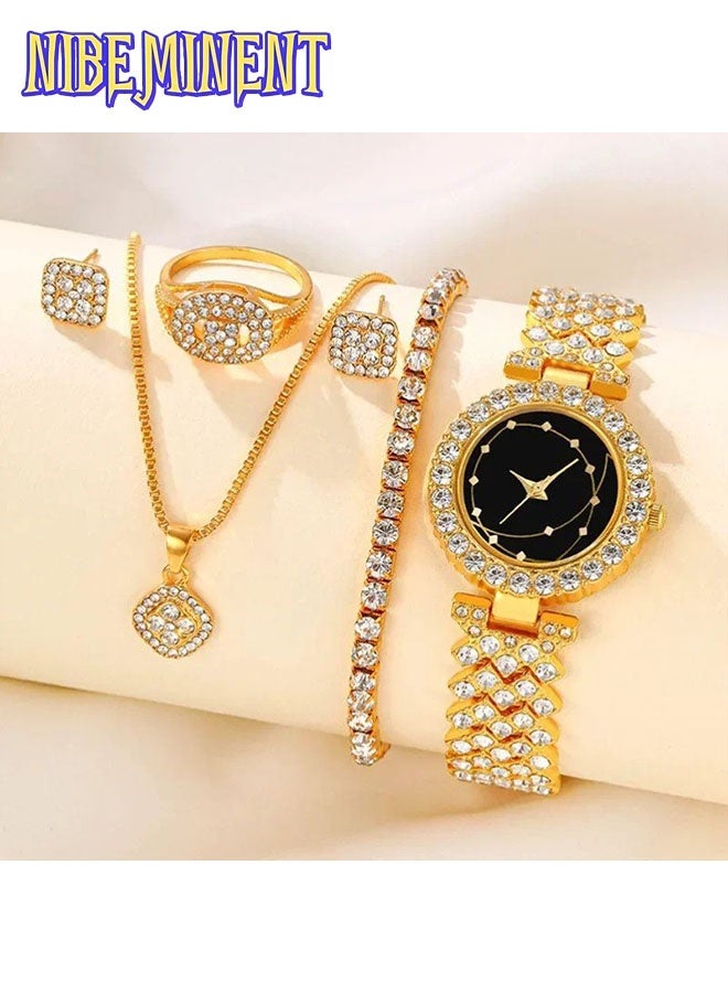 NIBEMINENT مجموعة ساعات يد أنيقة للنساء مكونة من 6 قطع مع علبة سبائك دائرية بسيطة، لمسات من الأحجار الكريمة، عرض المؤشر، حركة كوارتز إلكترونية - تشمل ملحقات أزياء متطابقة - Image 2