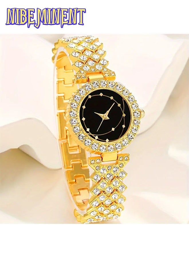 NIBEMINENT مجموعة ساعات يد أنيقة للنساء مكونة من 6 قطع مع علبة سبائك دائرية بسيطة، لمسات من الأحجار الكريمة، عرض المؤشر، حركة كوارتز إلكترونية - تشمل ملحقات أزياء متطابقة - Image 5