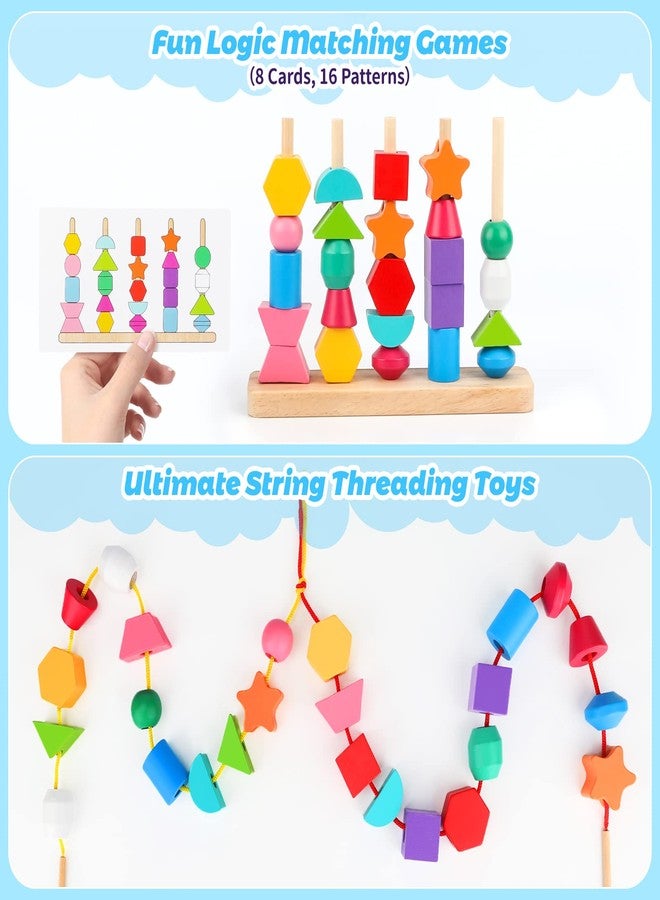 Hieoby Montessori Wooden Beads Sequencing Toy Set, Stacking Blocks & Lacing Beads & Matching Shape Stacker for 2 3 4 5 Year Old STEM Preschool Learning Montessori Toys Gifts for Kids Boy Girl Toddler - Image 4