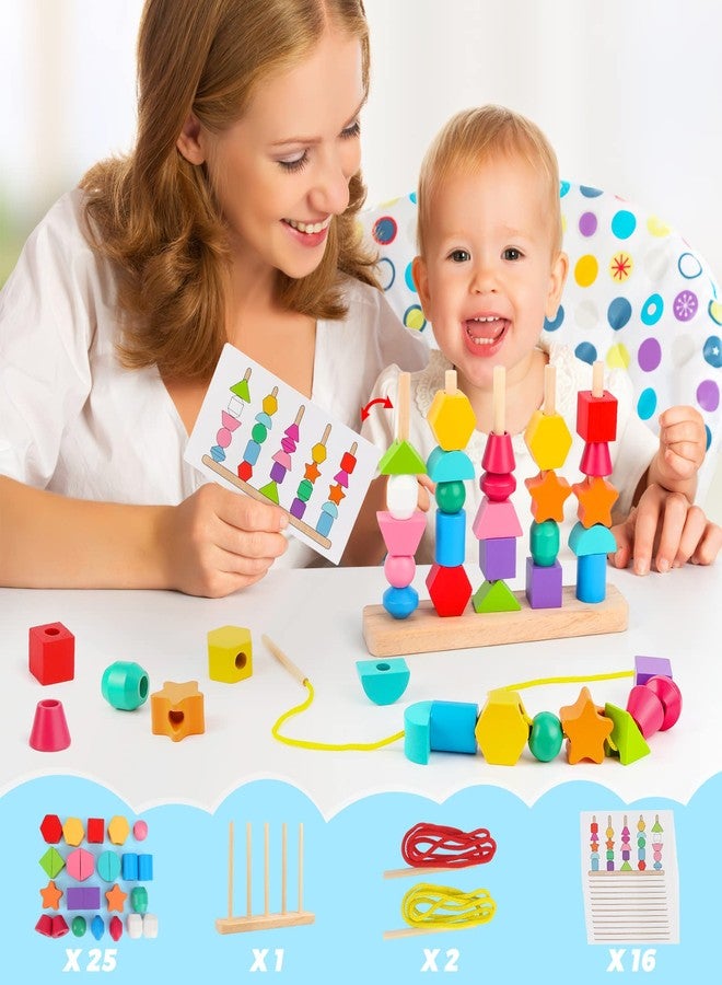 Hieoby Montessori Wooden Beads Sequencing Toy Set, Stacking Blocks & Lacing Beads & Matching Shape Stacker for 2 3 4 5 Year Old STEM Preschool Learning Montessori Toys Gifts for Kids Boy Girl Toddler - Image 2