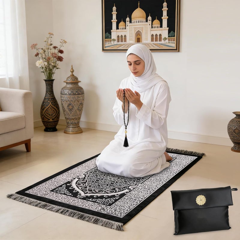 Pomefar Ramadan Prayer Mat, Portable Travel Praying Rug with Prayer Bead & Storage Bag, Foldable Washable Polyester for WomenBlack) - Image 2