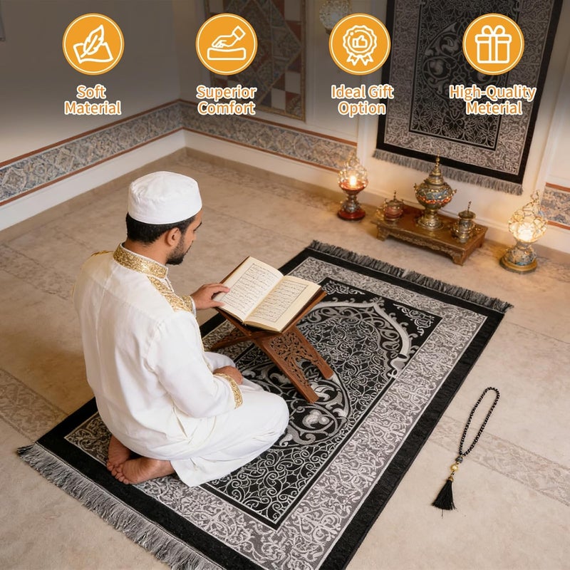 Pomefar Ramadan Prayer Mat, Portable Travel Praying Rug with Prayer Bead & Storage Bag, Foldable Washable Polyester for WomenBlack) - Image 5