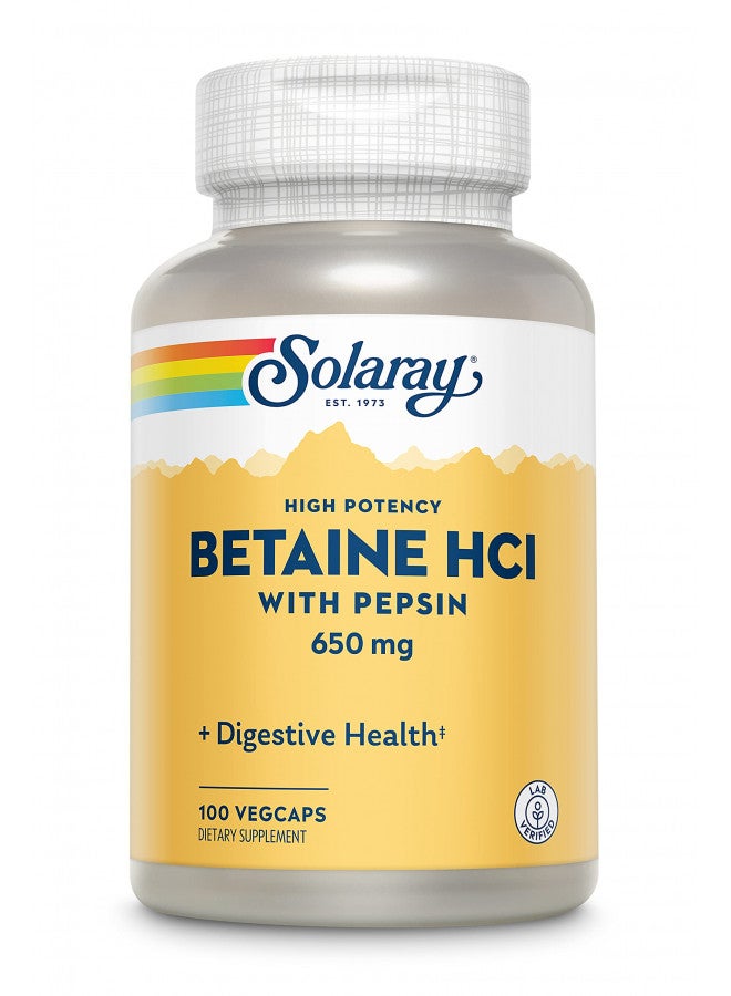 SOLARAY SOLARAY High Potency Betaine HCL with Pepsin 650 mg, Hydrochloric Acid Formula for Healthy Digestion Support, Lab Verified, 250 VegCaps (100 Servings, 100 Veg Caps)  - Image 1