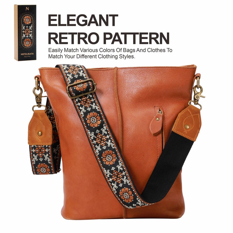 Nefelibata Purse Strap, 2" Crazy Horse Leather End Shoulder Strap Adjustable Replacement,Retro Jacquard Embroidery Multi-pattern Crossbody Bag Straps for Handbag,Crossbody Bags(Brown flower) - Image 5