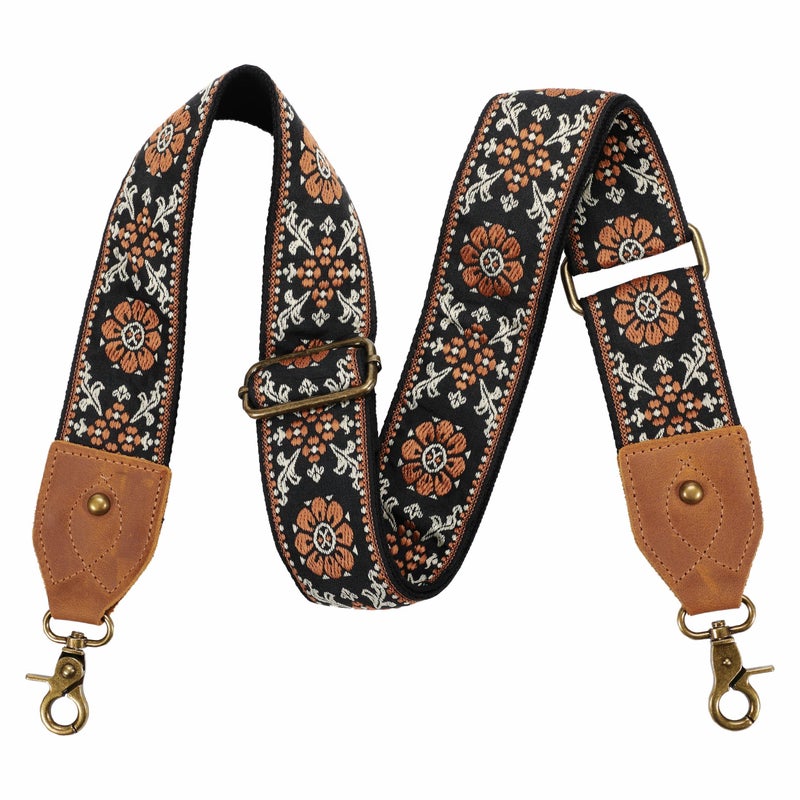 Nefelibata Purse Strap, 2" Crazy Horse Leather End Shoulder Strap Adjustable Replacement,Retro Jacquard Embroidery Multi-pattern Crossbody Bag Straps for Handbag,Crossbody Bags(Brown flower) - Image 1