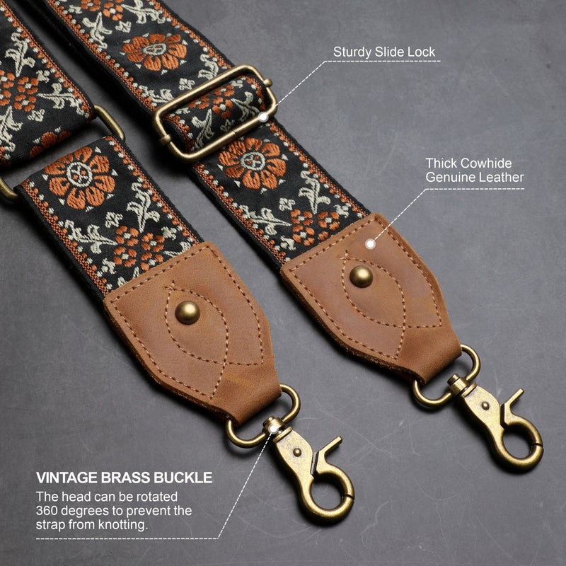 Nefelibata Purse Strap, 2" Crazy Horse Leather End Shoulder Strap Adjustable Replacement,Retro Jacquard Embroidery Multi-pattern Crossbody Bag Straps for Handbag,Crossbody Bags(Brown flower) - Image 2