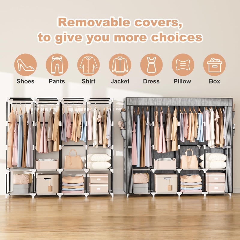 VTRIN Portable Closet for Hanging Clothes 67 Inch Wide Large Capacity Portable Wardrobe Closet with Cover, 4 Storage Shelves and 4 Hanging Rod Sturdy Free Standing Closet for Bedroom, Printing - Image 5