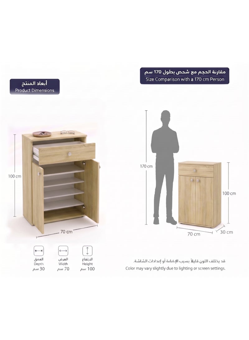 Furniture Store Modern shoe rack/shoe cabinet with a wide drawer and 5 shelves, MDF, in light wood color with white, high-quality finish, from Furniture Store. - Image 3
