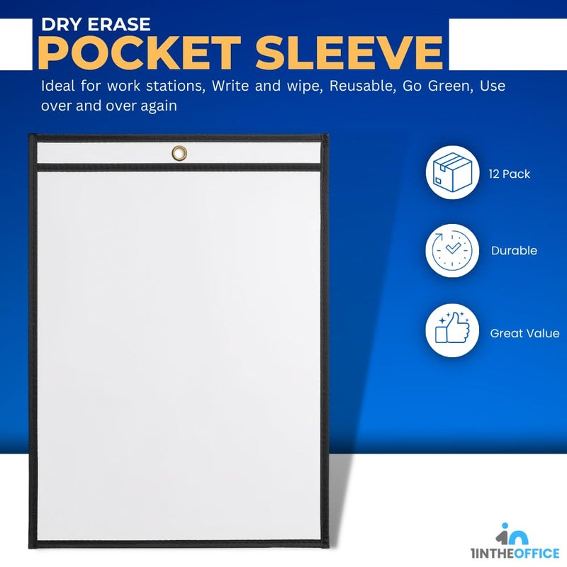 1InTheOffice Dry Erase Pocket Sleeves, Black Shop Ticket Holders 8.5x11, (12 Pack) - Image 2