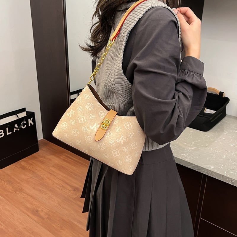Women's PU Leather Shoulder Bag with Monogram Print, Dune Color - Image 3
