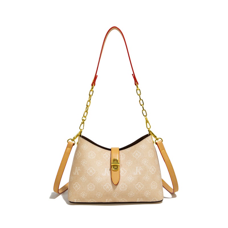 Women's PU Leather Shoulder Bag with Monogram Print, Dune Color - Image 5