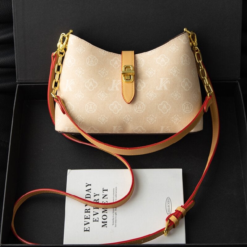 Women's PU Leather Shoulder Bag with Monogram Print, Dune Color - Image 2